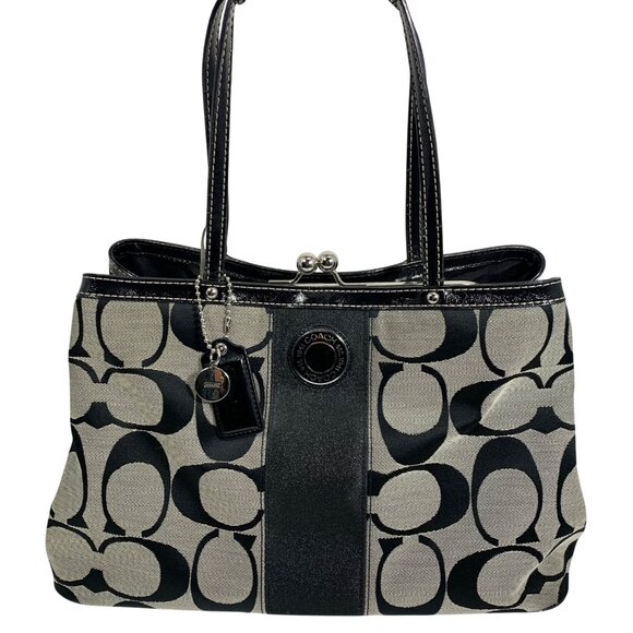 COACH Signature Stripe Carryall Satchel Handbag F19190 Kisslock Trio Pouch Bag - Picture 1 of 10